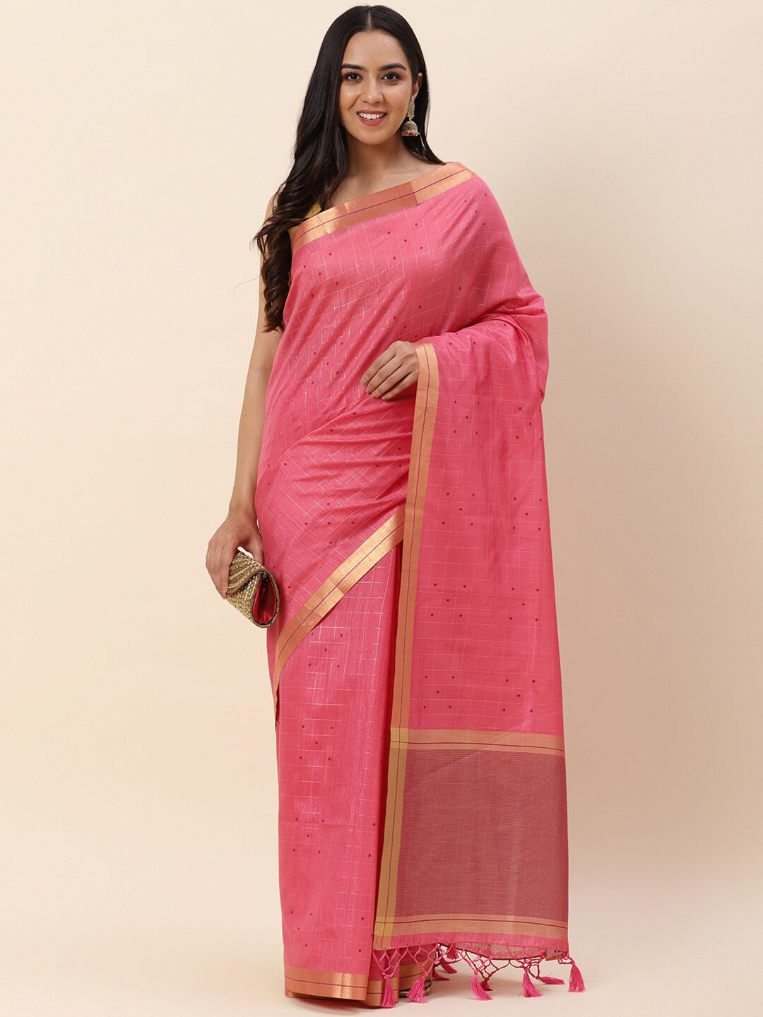 

Meena Bazaar Woven Design Zari Art Silk Saree, Pink