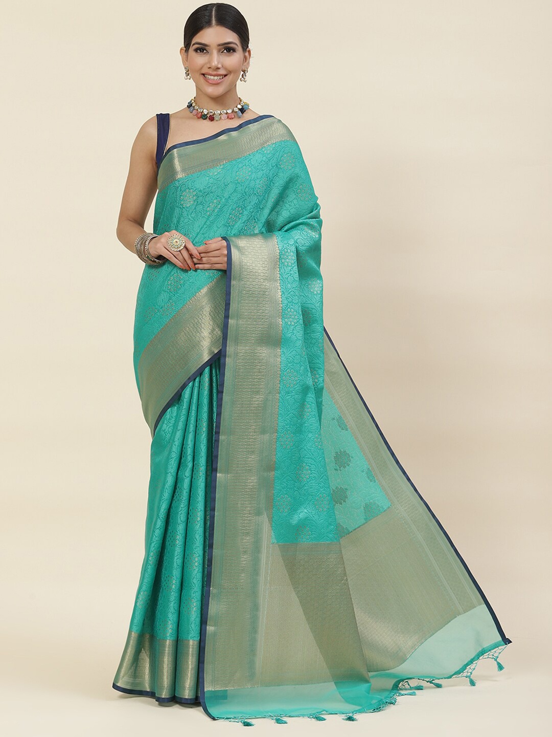 

Meena Bazaar Floral Woven Design Zari Pure Cotton Saree, Sea green