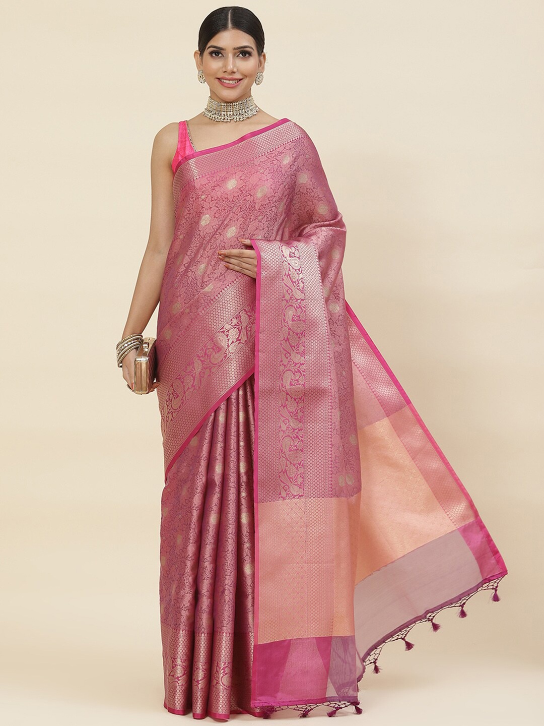 

Meena Bazaar Floral Woven Design Zari Pure Cotton Saree, Lavender