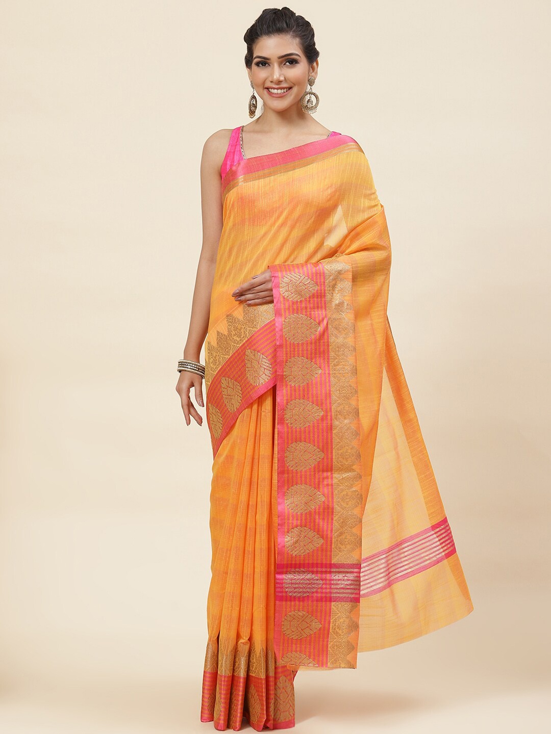 

Meena Bazaar Woven Design Zari Pure Cotton Saree, Mustard