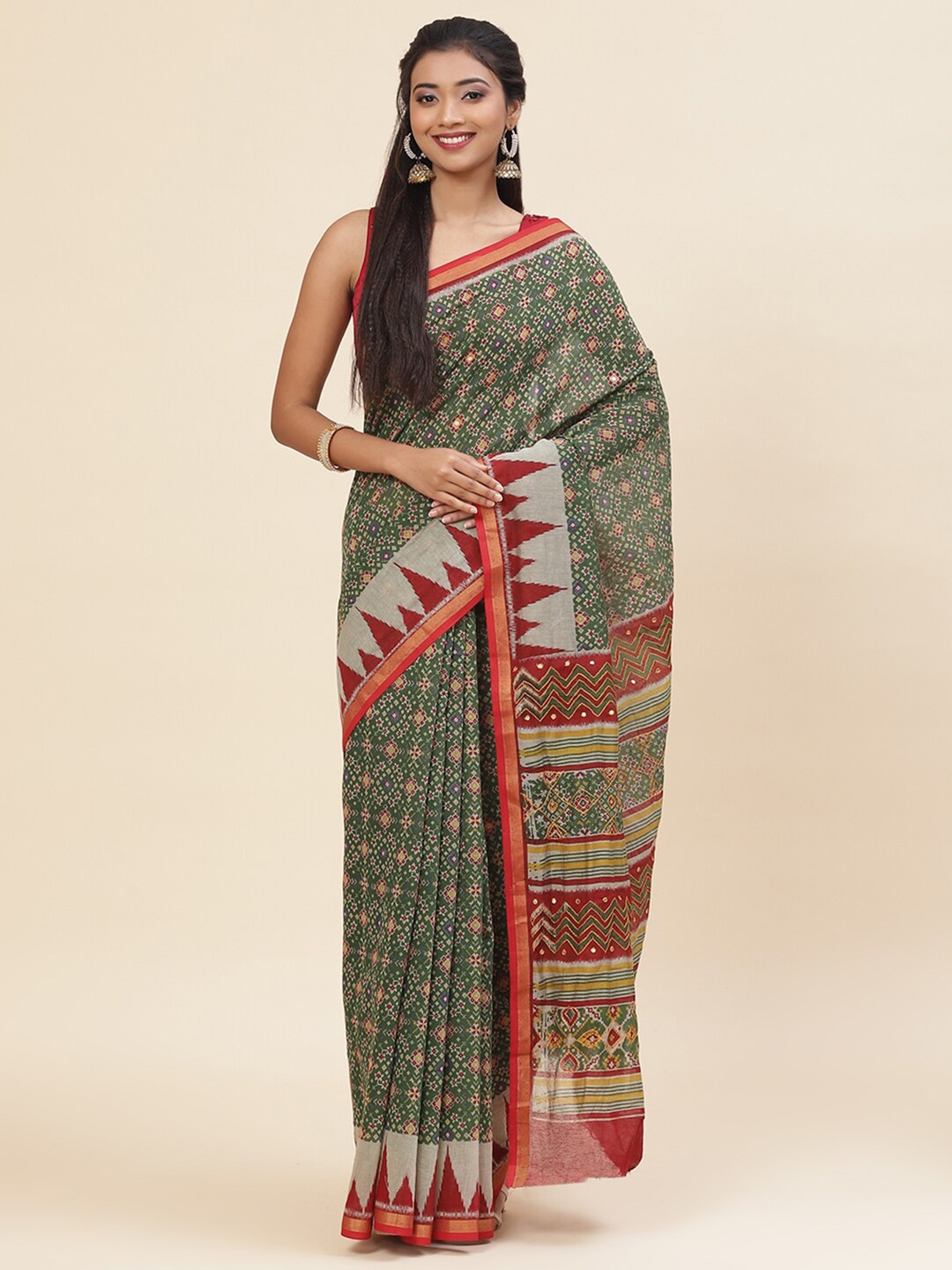 

Meena Bazaar Floral Printed Pure Cotton Patola Saree, Green