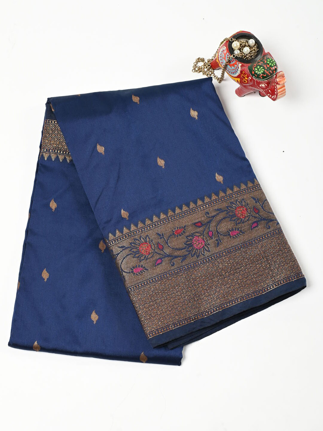 

Meena Bazaar Blue & Gold-Toned Woven Design Zari Pure Cotton Saree