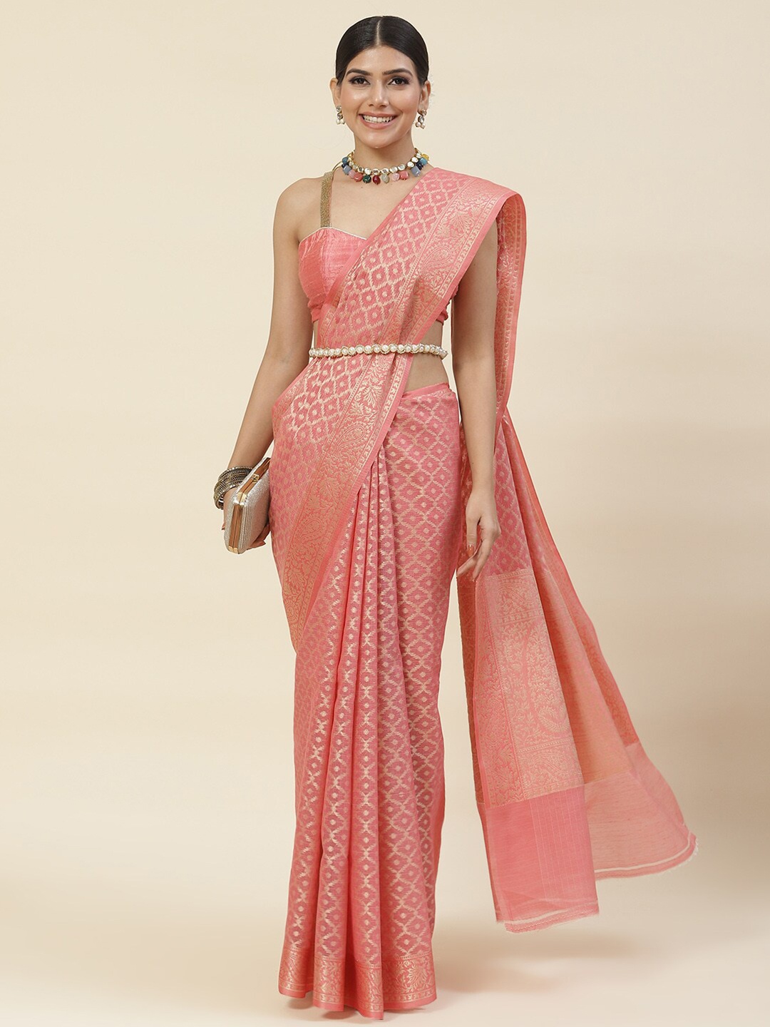 

Meena Bazaar Ethnic Motifs Woven Design Zari Pure Cotton Saree, Peach