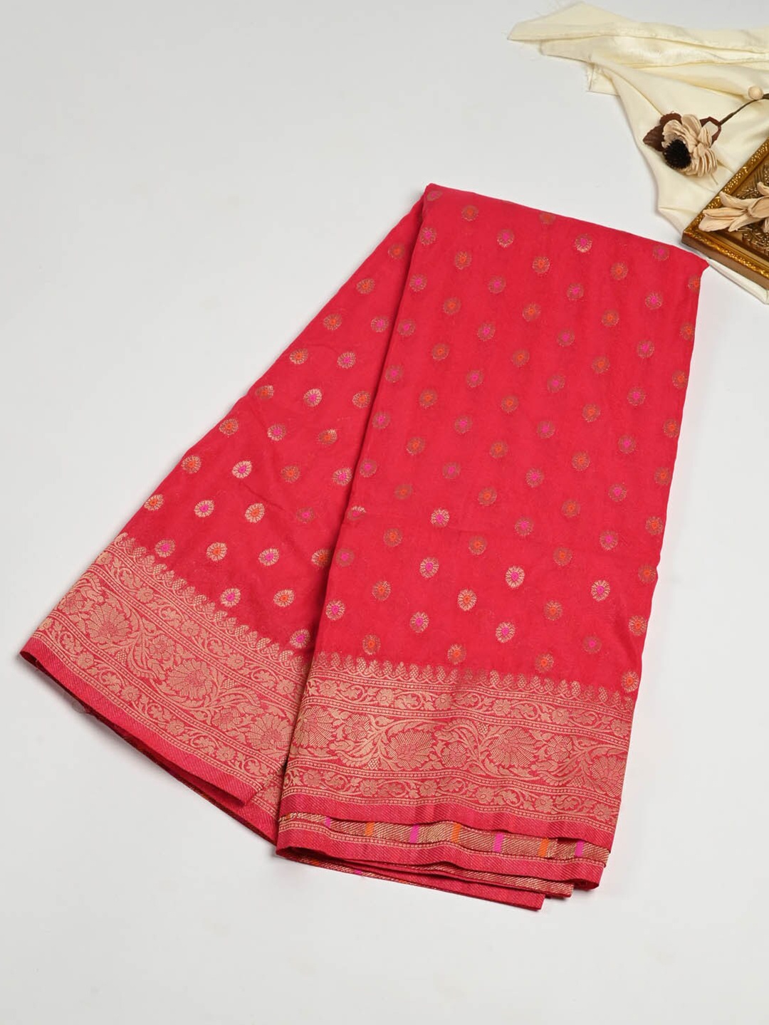 

Meena Bazaar Ethnic Motifs Woven Design Zari Pure Crepe Saree, Pink