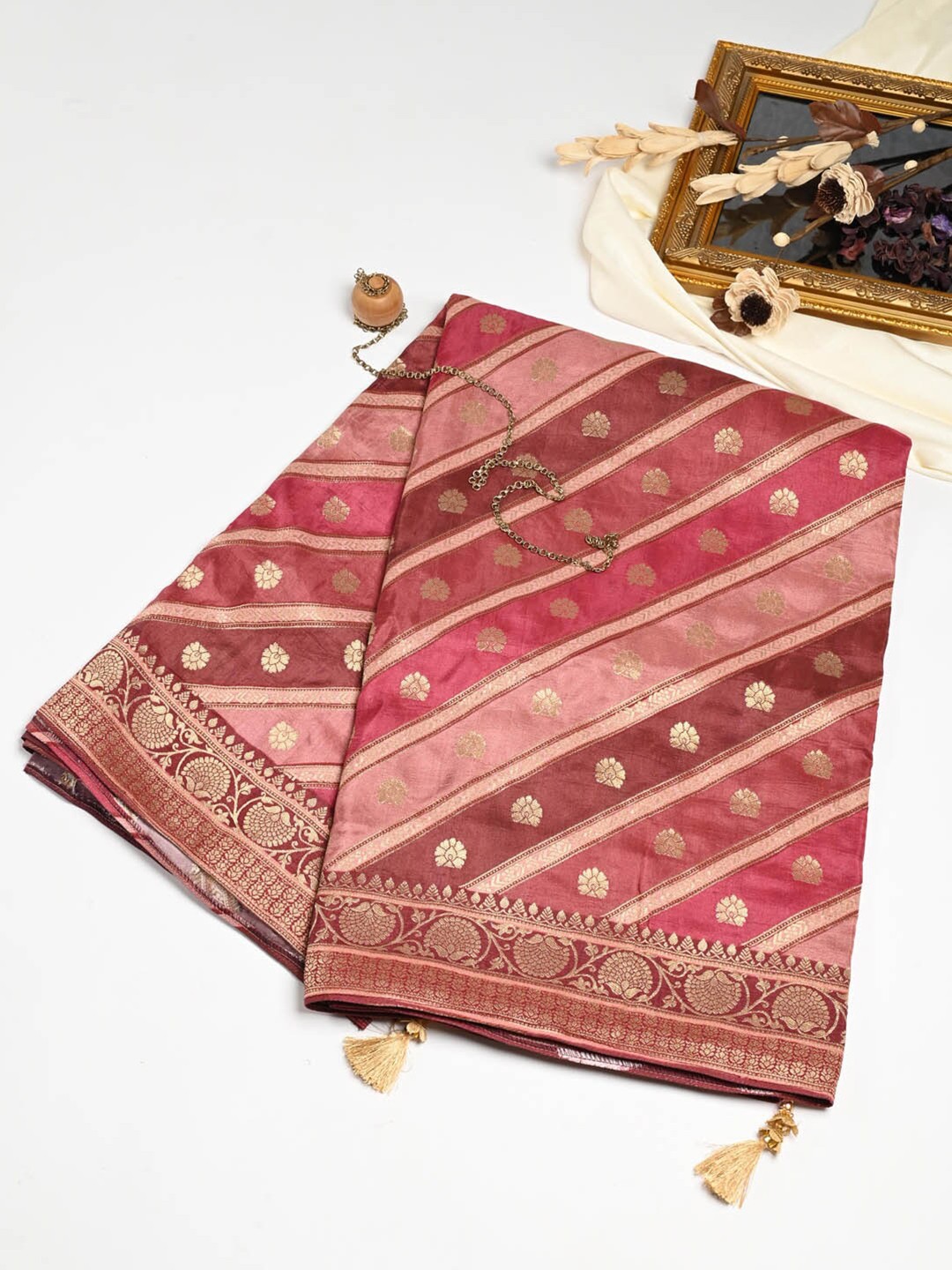 

Meena Bazaar Floral Woven Design Zari Art Silk Saree, Pink