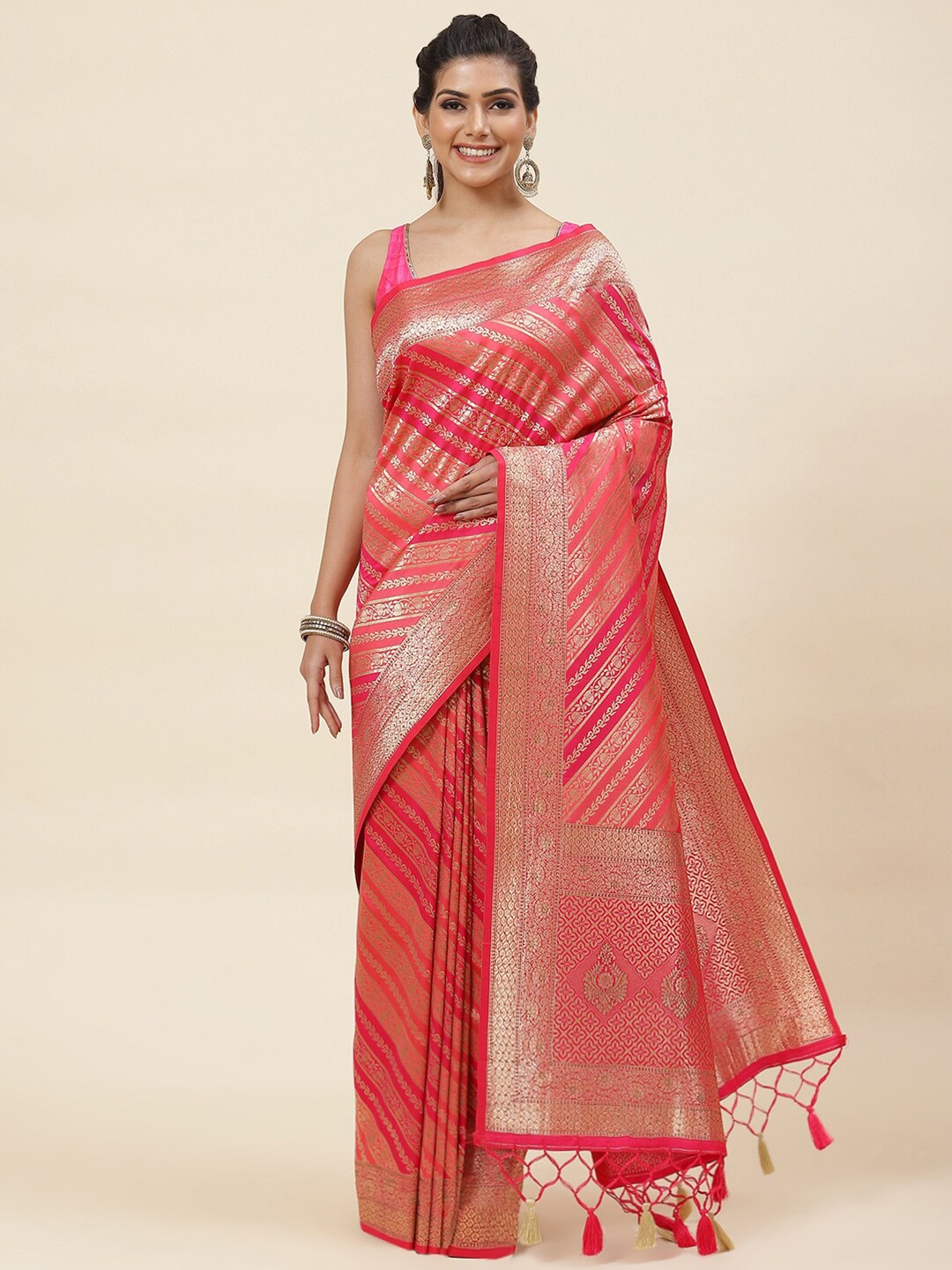 

Meena Bazaar Woven Design Zari Pure Silk Saree, Pink