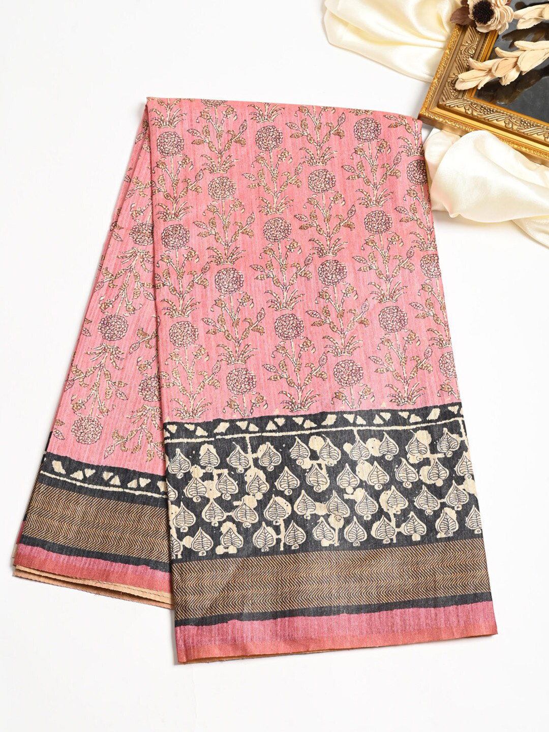 

Meena Bazaar Floral Printed Pure Tussar Silk Saree, Pink