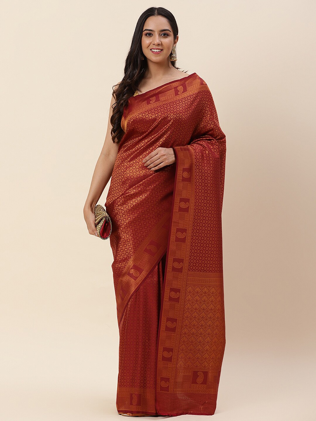 

Meena Bazaar Ethnic Motifs Woven Design Zari Saree, Burgundy