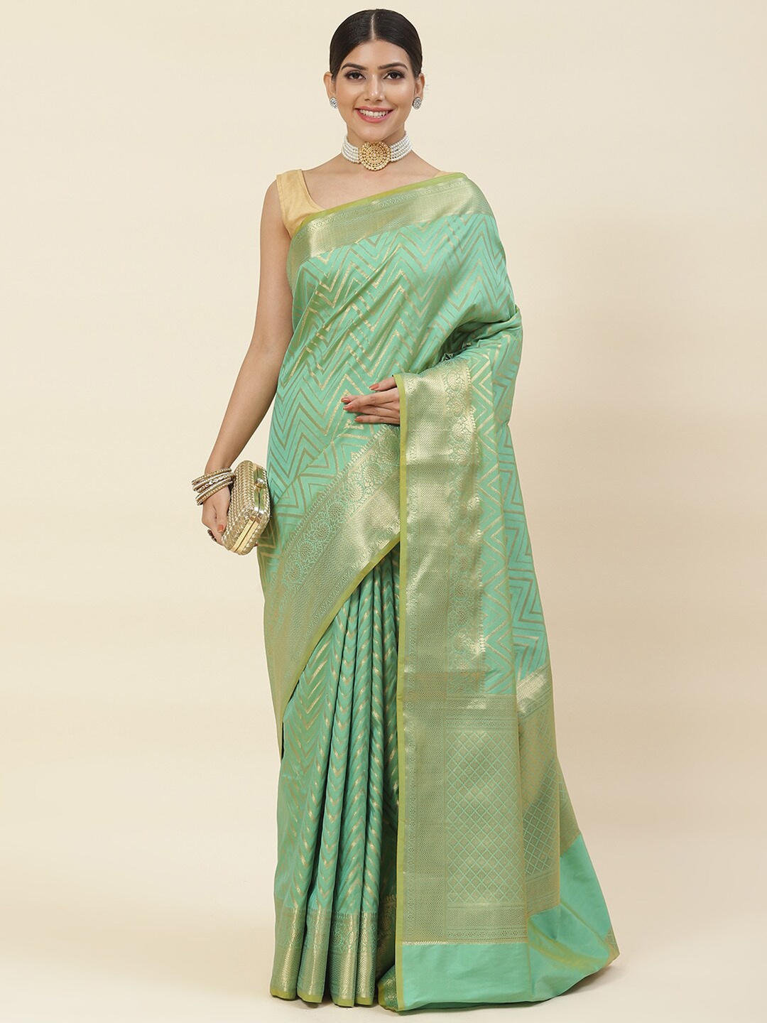 

Meena Bazaar Geometric Woven Design Zari Pure Silk Saree, Green