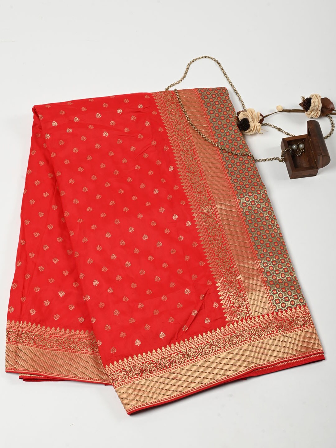 

Meena Bazaar Woven Design Zari Pure Silk Saree, Red