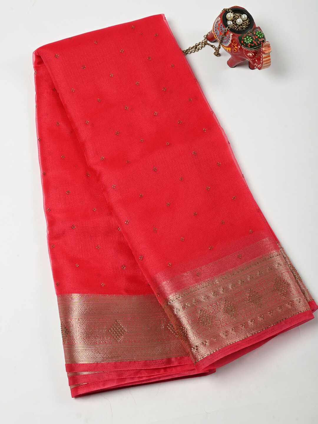 

Meena Bazaar Embellished Woven Border Beads And Stones Saree, Fuchsia
