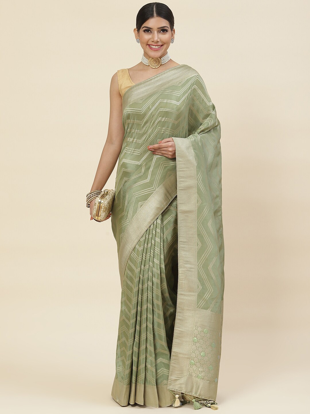 

Meena Bazaar Geometric Motif Woven Design Zari Pure Silk Saree, Green