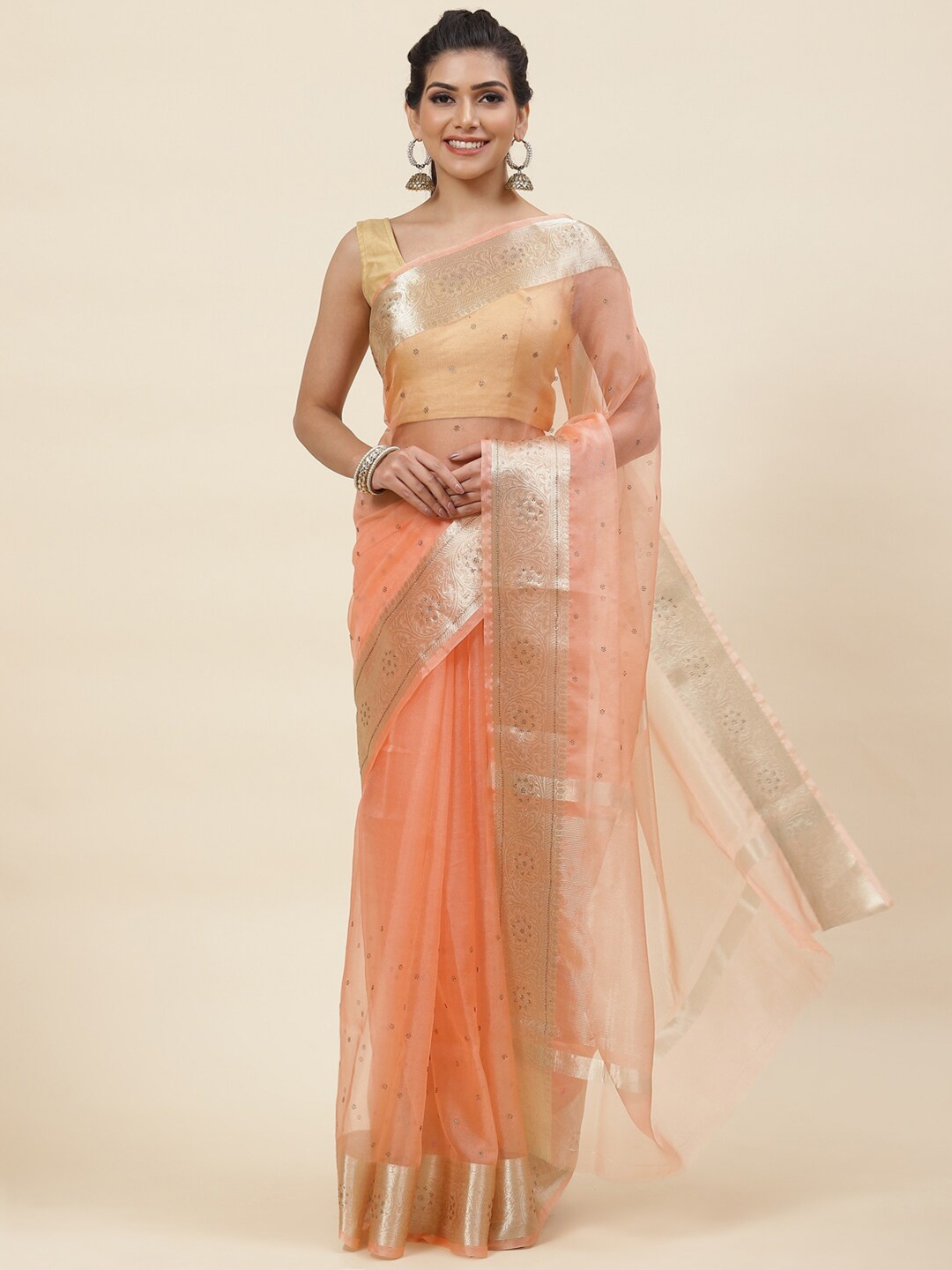 

Meena Bazaar Embellished Beads and Stones Organza Saree, Orange