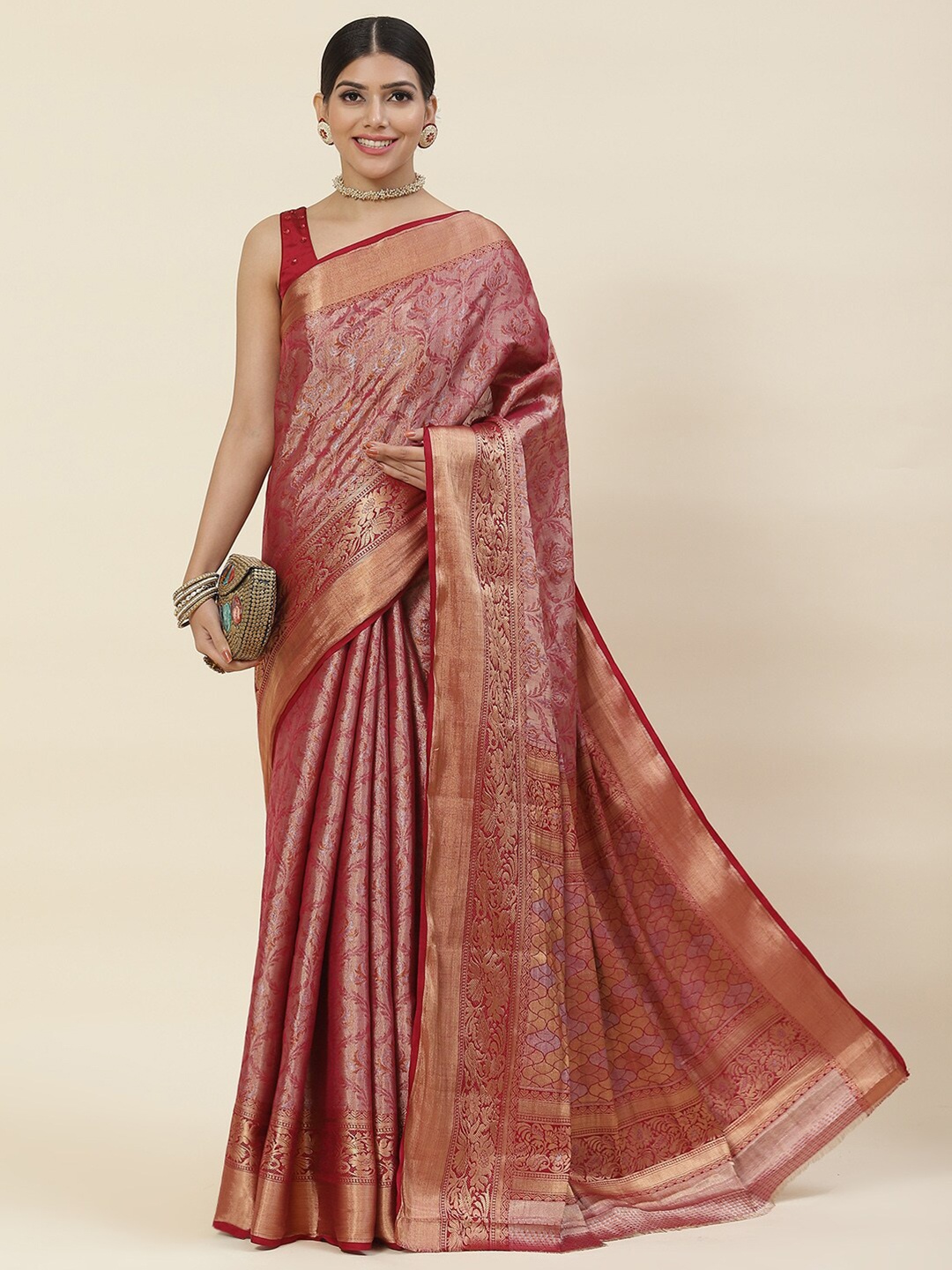 

Meena Bazaar Ethnic Motifs Woven Design Zari Saree, Burgundy