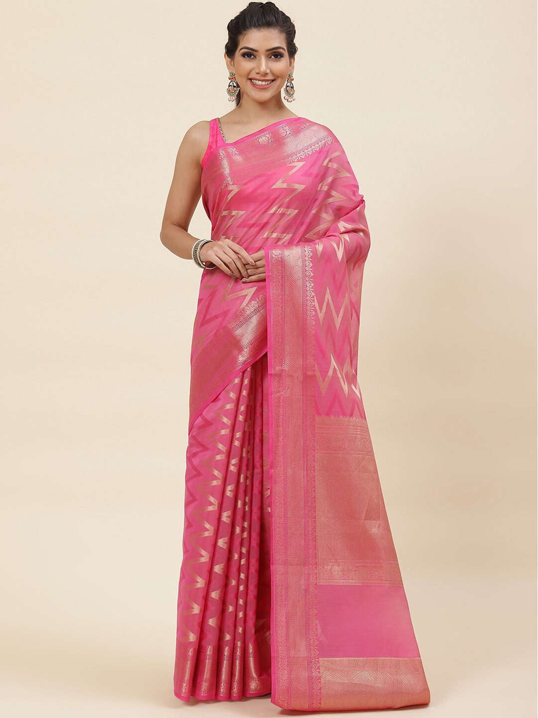 

Meena Bazaar Woven Design Zari Pure Cotton Saree, Pink