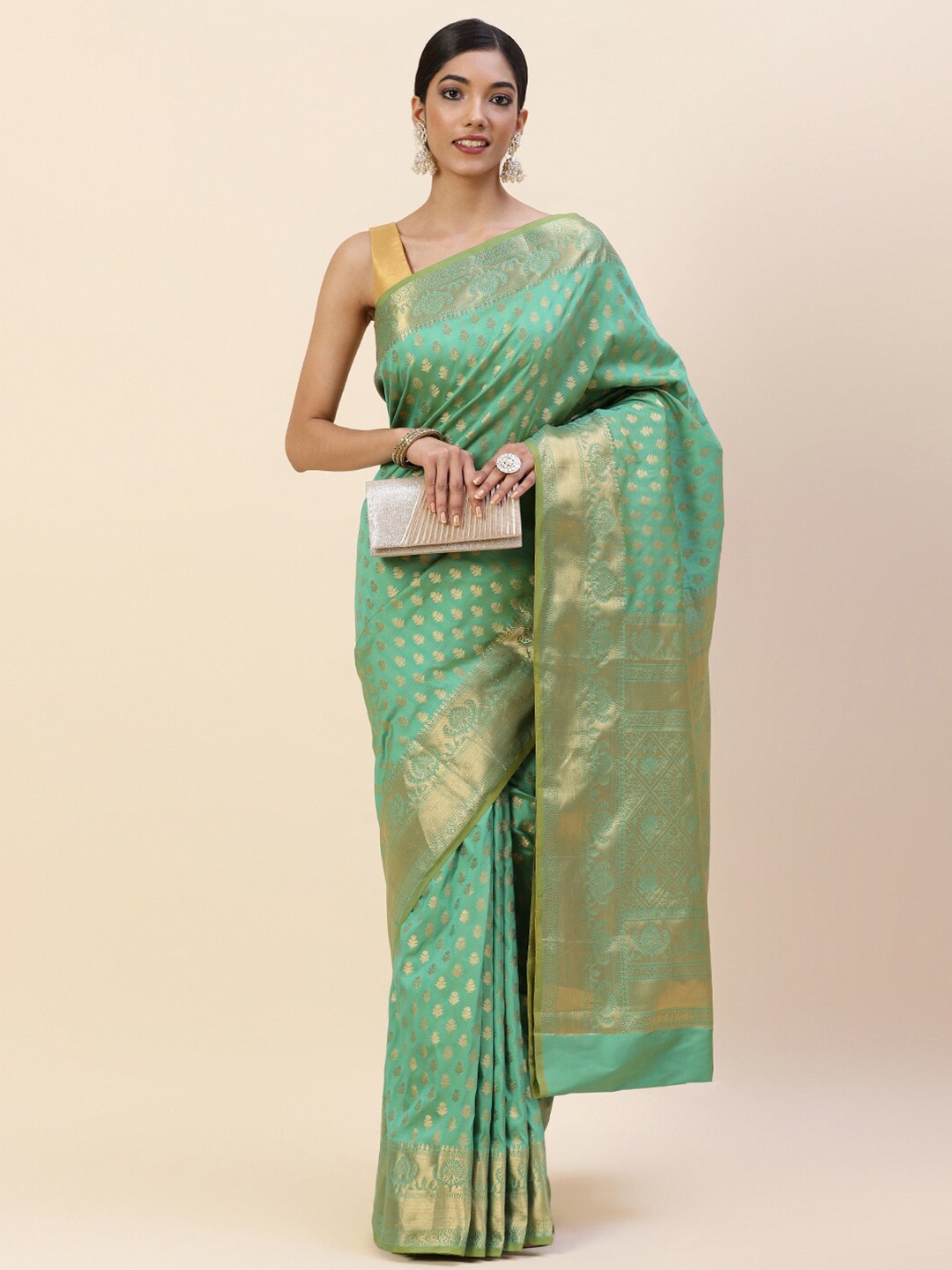 

Meena Bazaar Floral Woven Design Zari Pure Silk Saree, Sea green