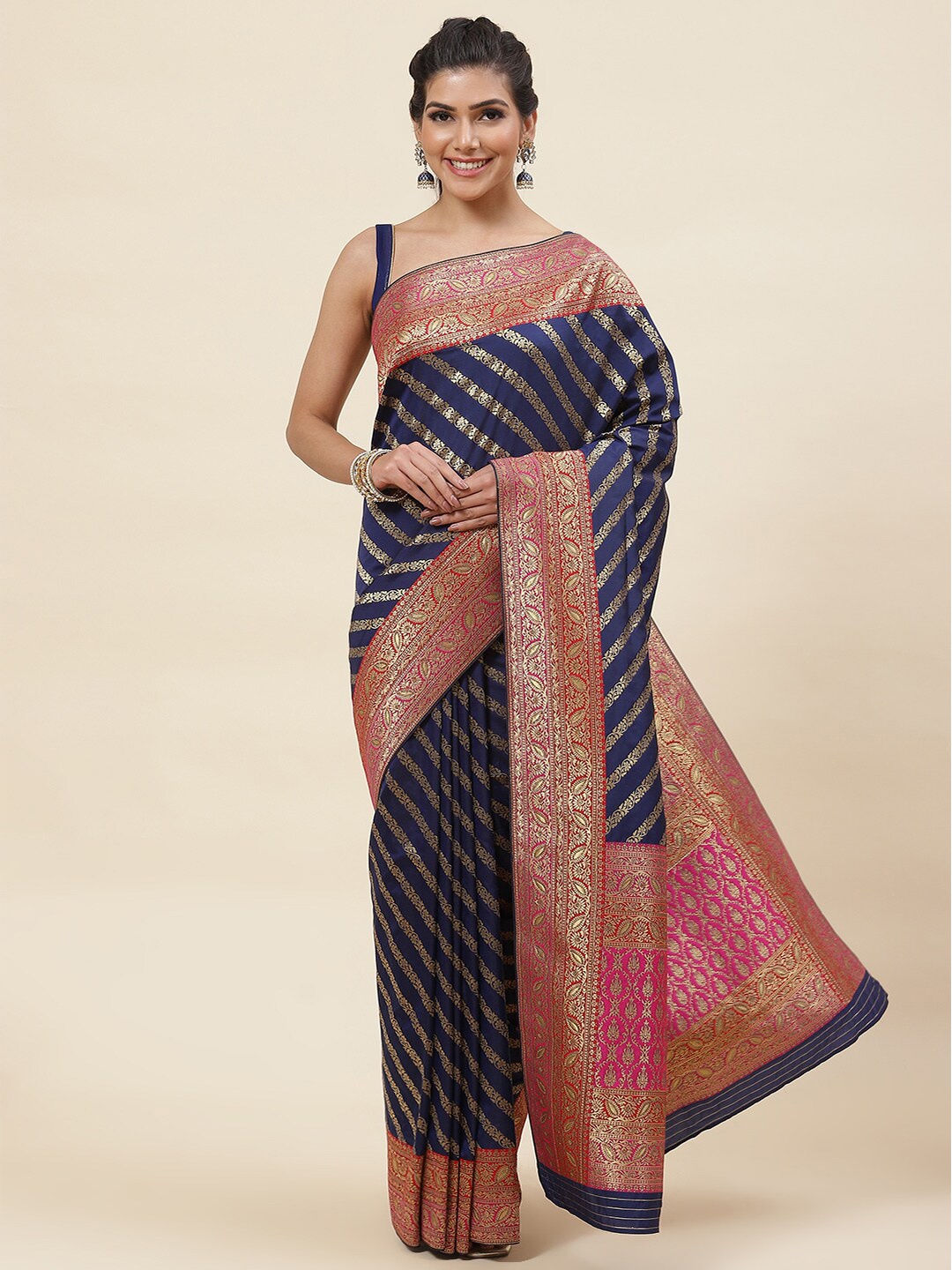 

Meena Bazaar Floral Woven Design Zari Pure Silk Banarsi Saree, Navy blue