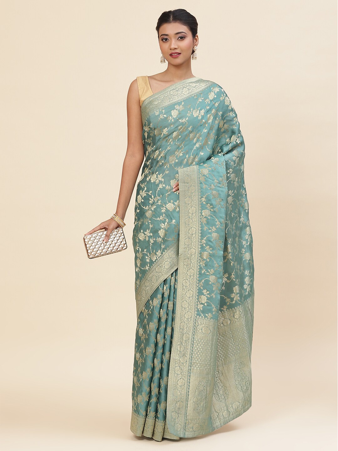 

Meena Bazaar Floral Woven Design Zari Saree, Sea green