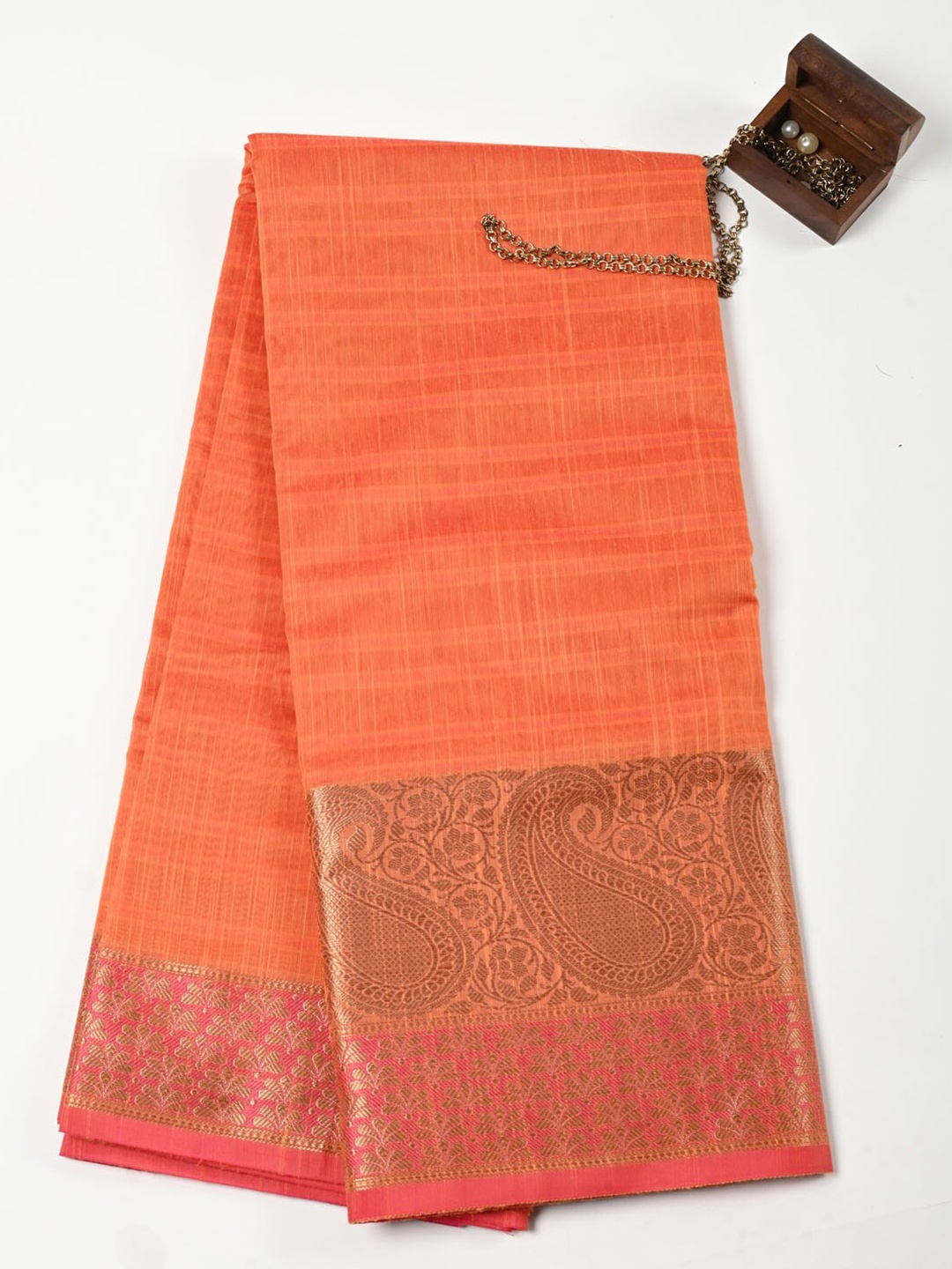 

Meena Bazaar Striped Woven Design Zari Pure Cotton Saree, Orange