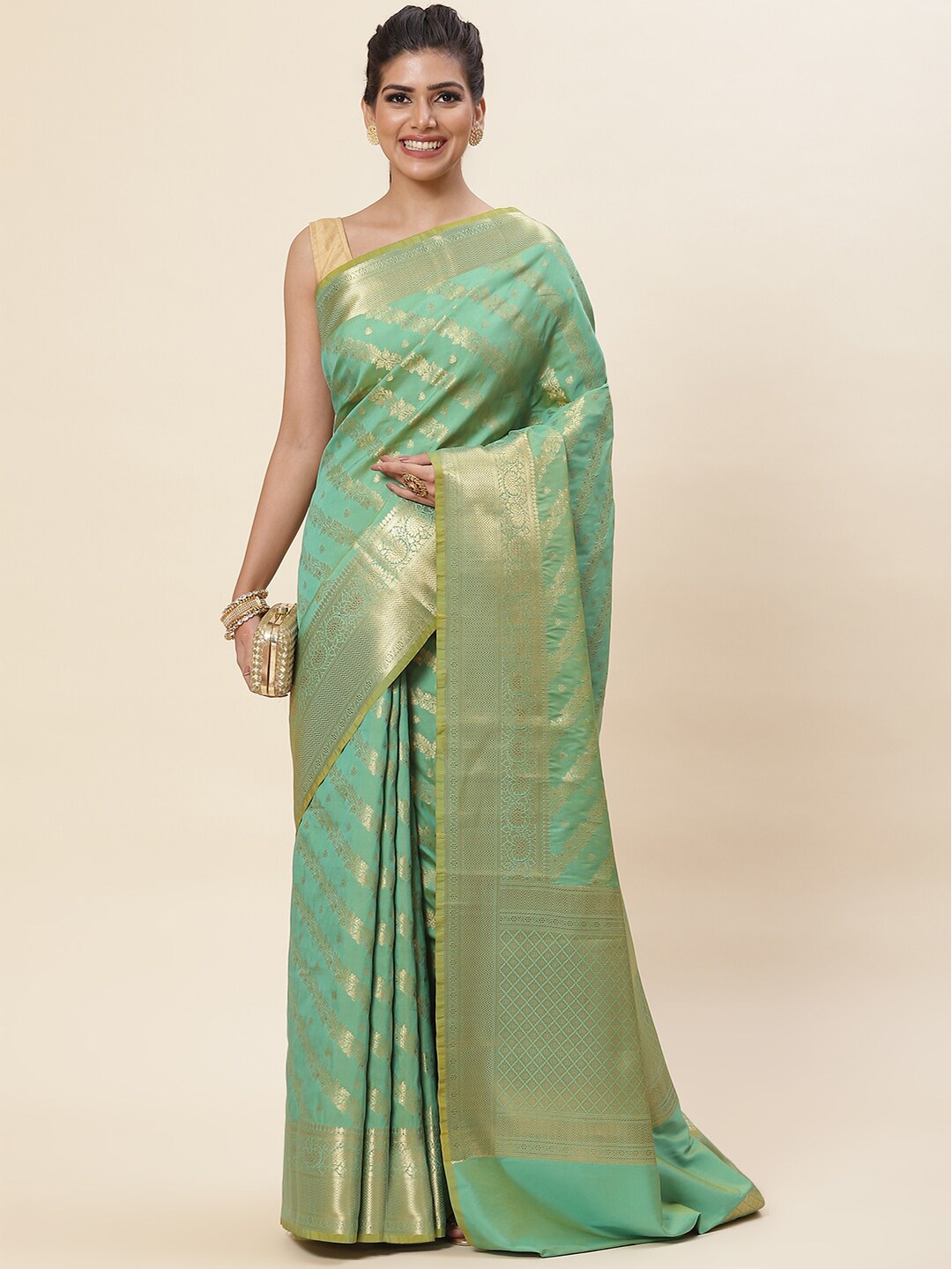 

Meena Bazaar Floral Woven Design Zari Pure Silk Saree, Green
