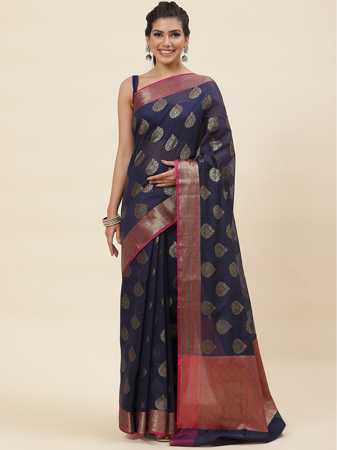 

Meena Bazaar Woven Design Zari Pure Cotton Saree, Blue