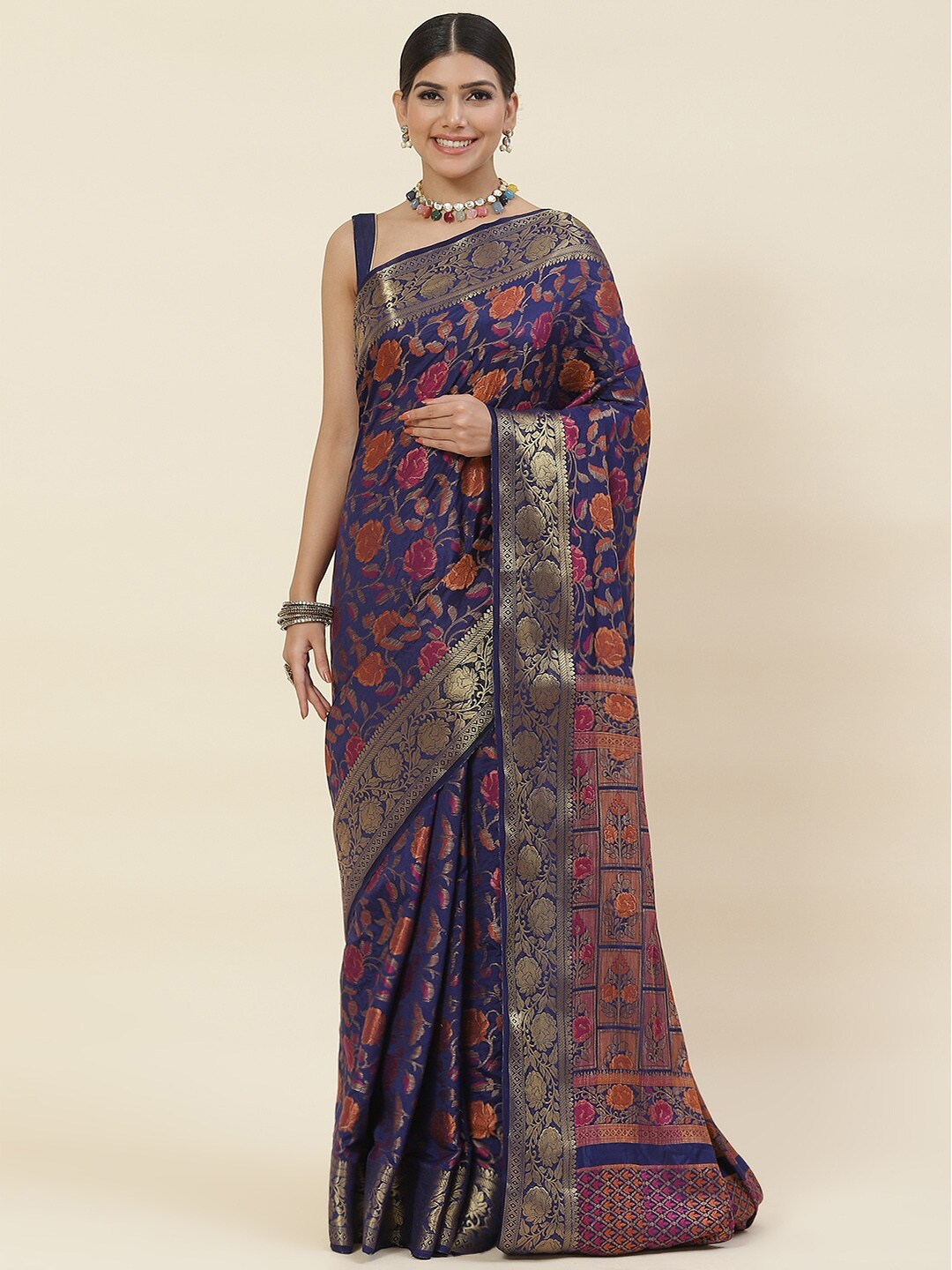 

Meena Bazaar Floral Woven Design Zari Saree, Blue
