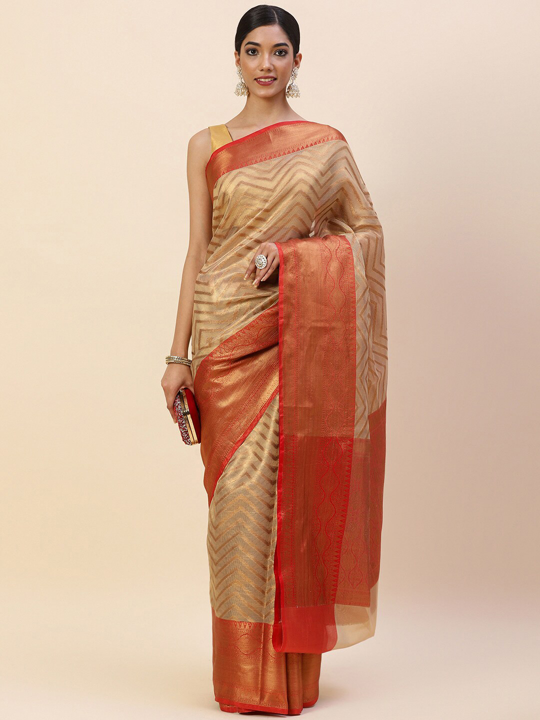 

Meena Bazaar Woven Design Zari Pure Cotton Saree, Beige