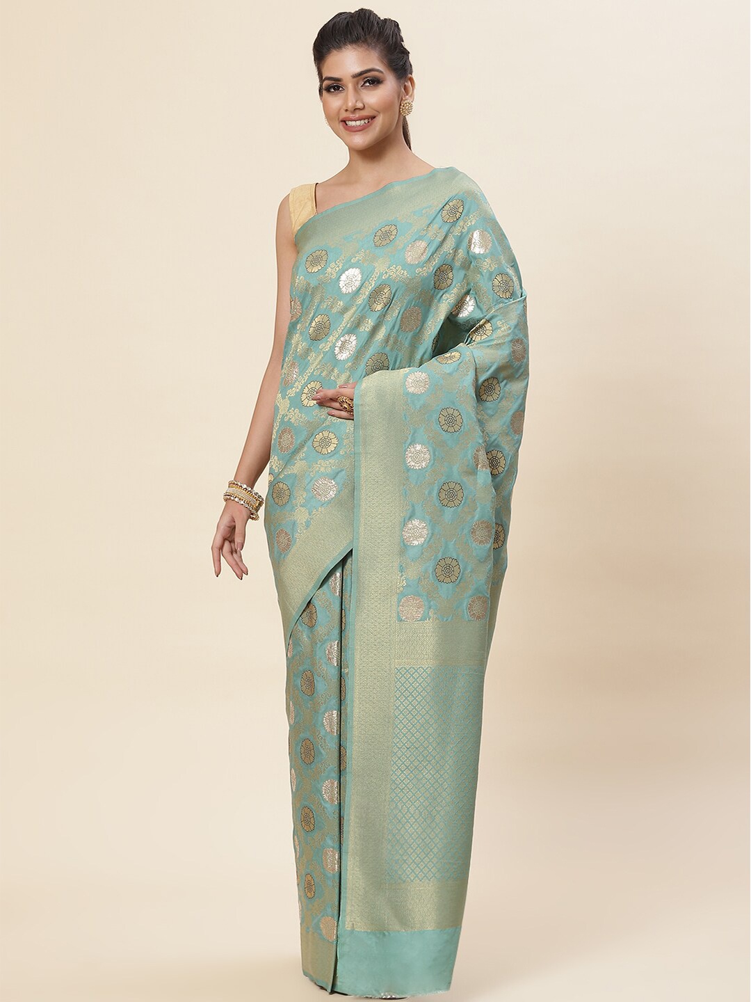 

Meena Bazaar Floral Woven Design Zari Art Silk Saree, Green