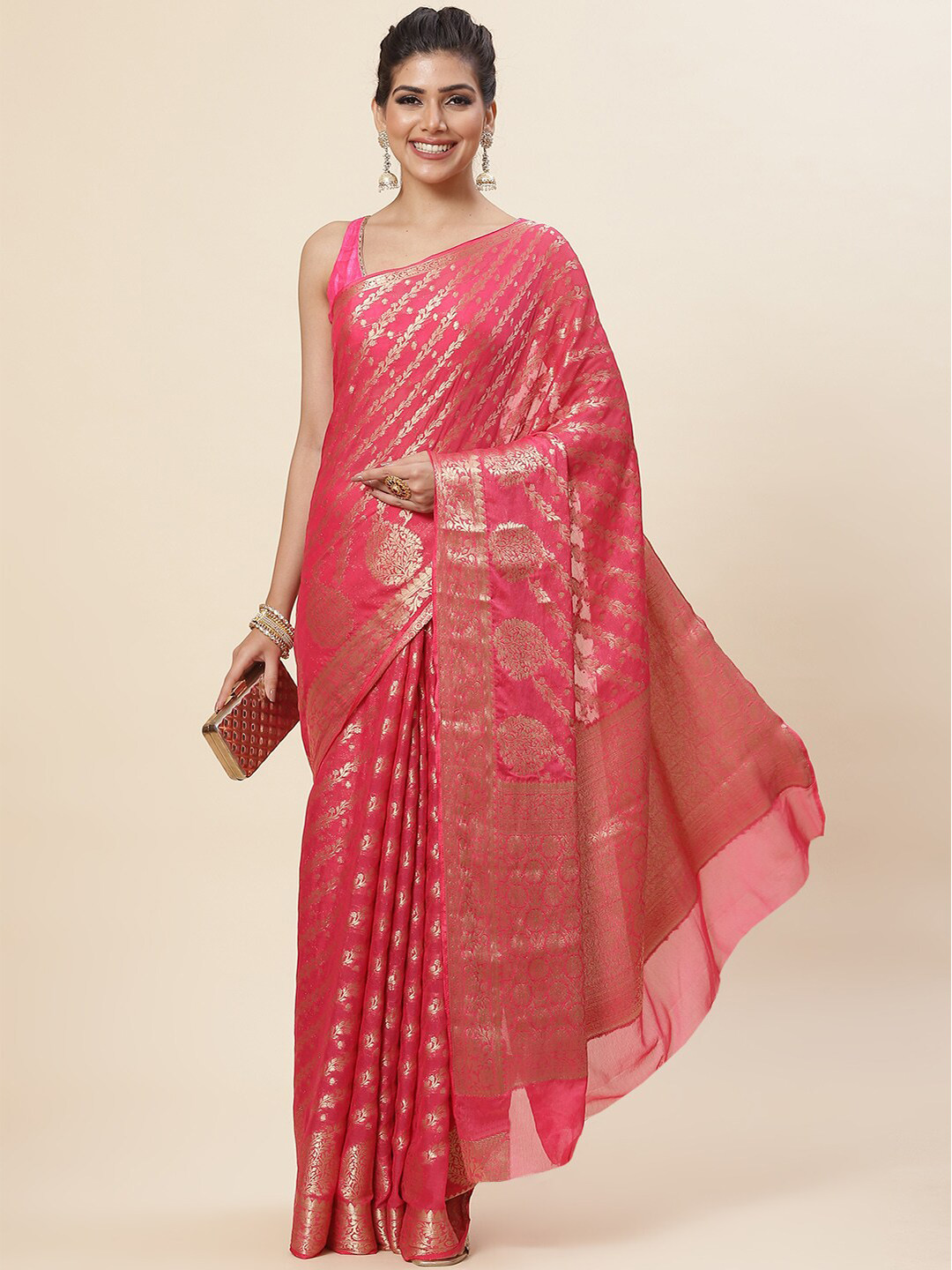 

Meena Bazaar Striped Woven Design Zari Pure Georgette Saree, Pink