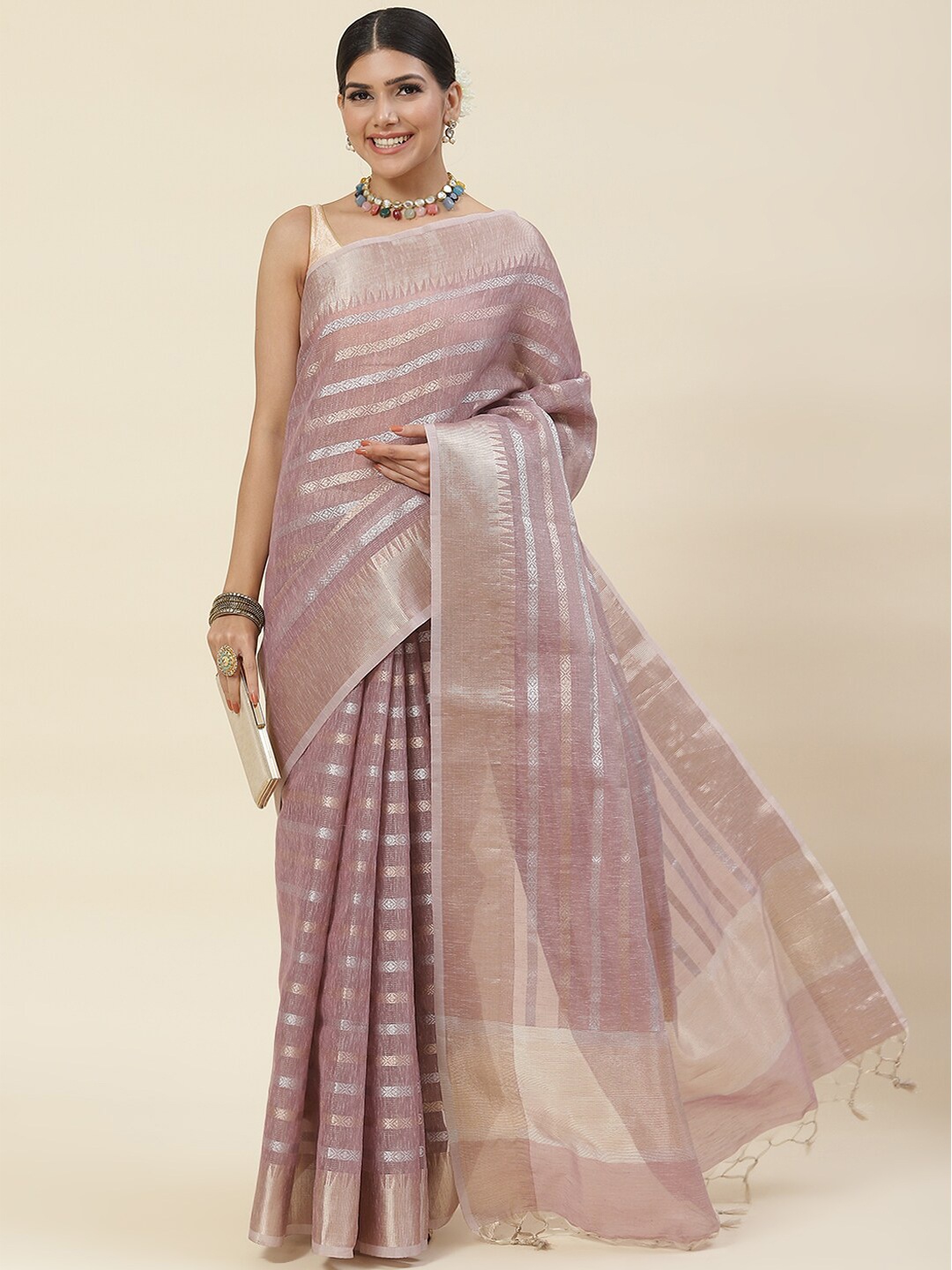 

Meena Bazaar Lavender & Silver-Toned Woven Design Zari Pure Cotton Saree