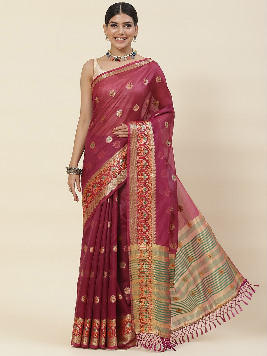 

Meena Bazaar Floral Woven Design Zari Pure Cotton Saree, Burgundy