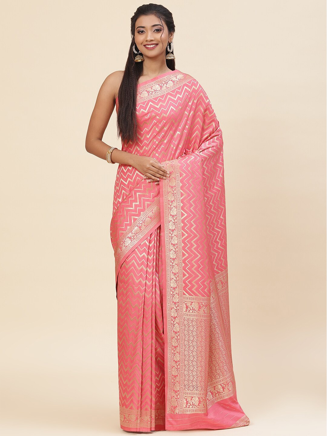 

Meena Bazaar Geometric Woven Design Zari Art Silk Saree, Pink