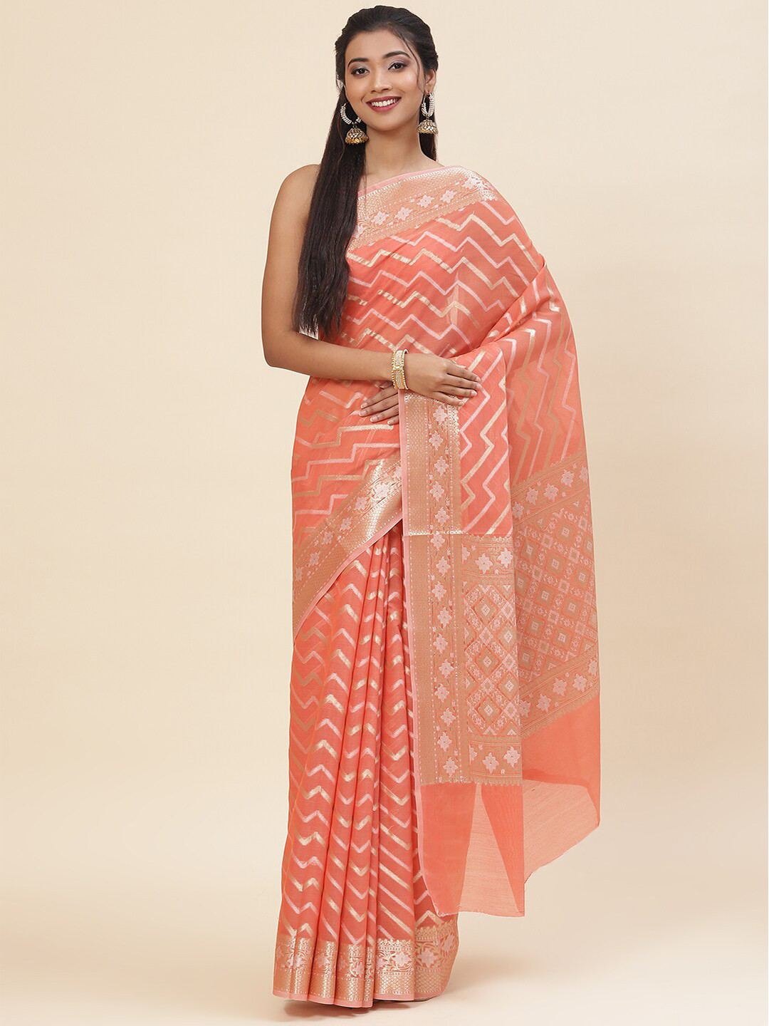 

Meena Bazaar Ethnic Motifs Woven Design Zari Pure Cotton Saree, Peach
