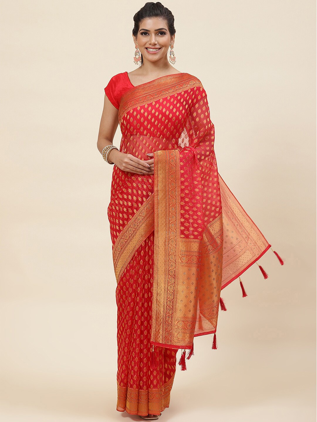 

Meena Bazaar Ethnic motif Woven Design Zari Organza Saree, Pink