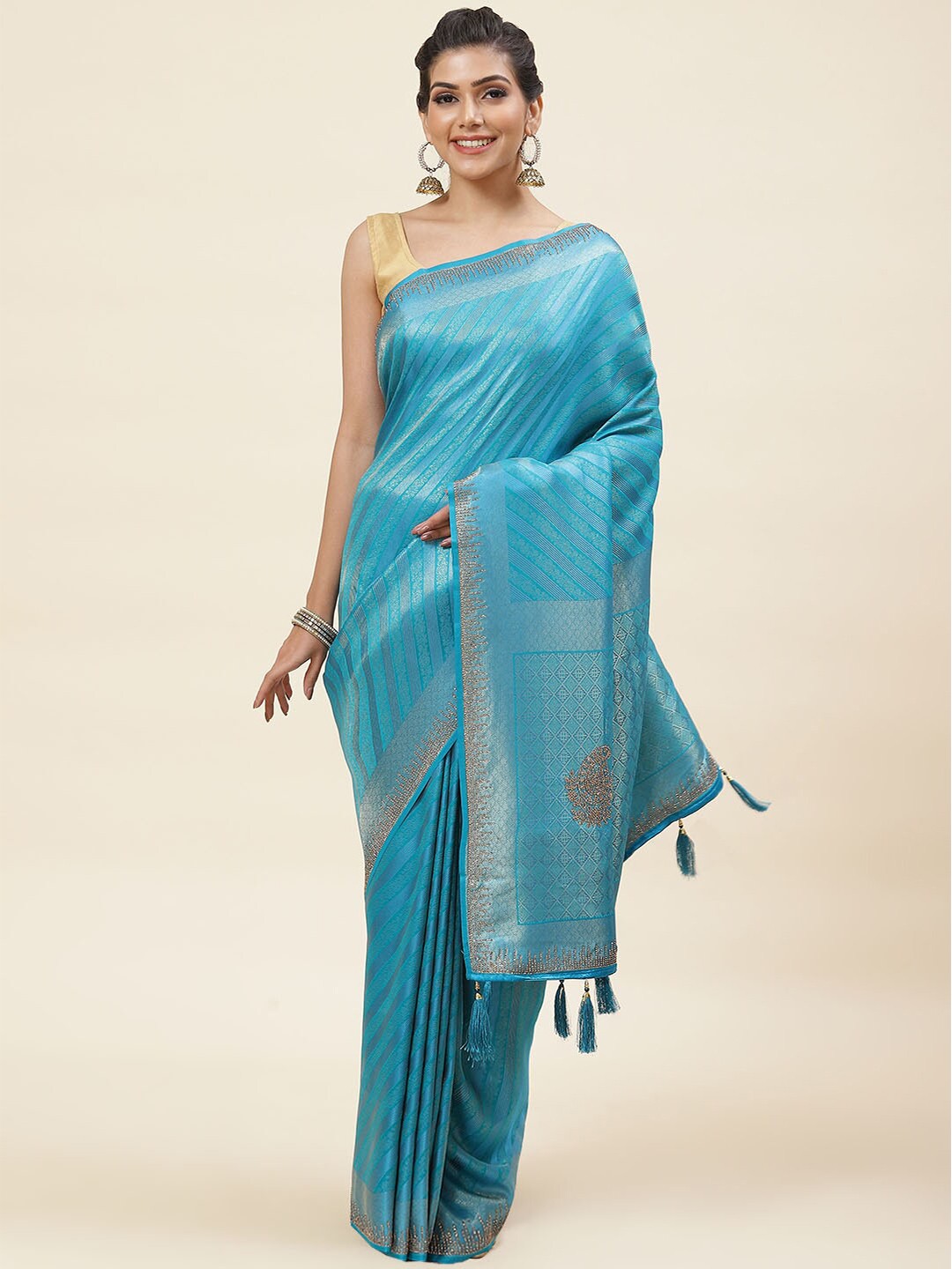 

Meena Bazaar Striped Woven Design Zari Saree, Blue