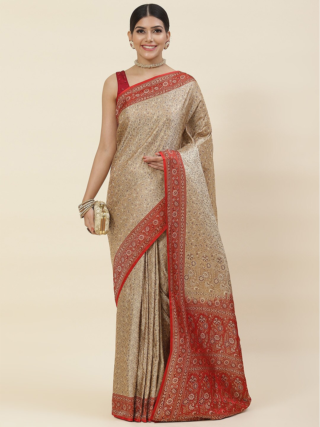 

Meena Bazaar Beige & Red Woven Design Zari Pure Silk Banarasi Saree