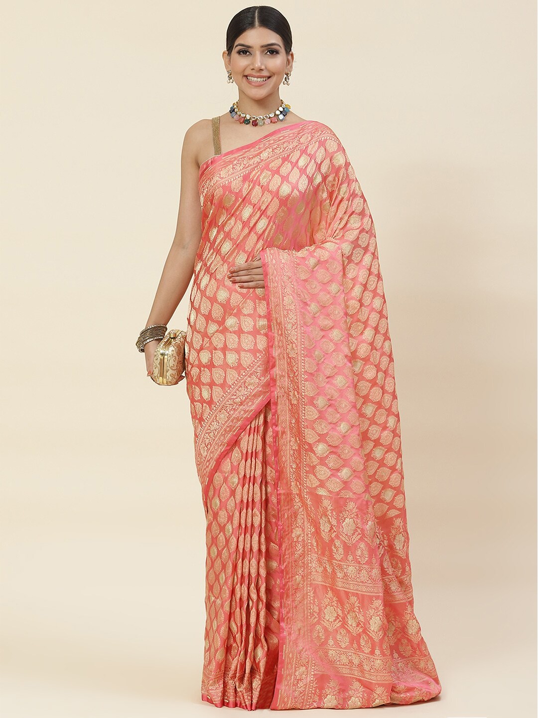 

Meena Bazaar Ethnic Motif Woven Design Zari Pure Silk Saree, Pink