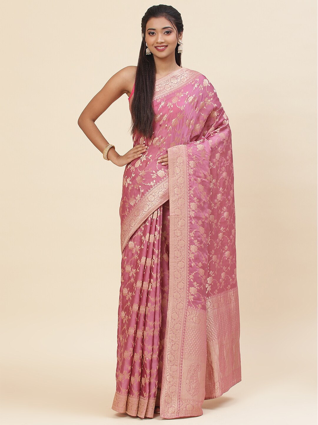 

Meena Bazaar Floral Woven Design Zari Saree, Pink
