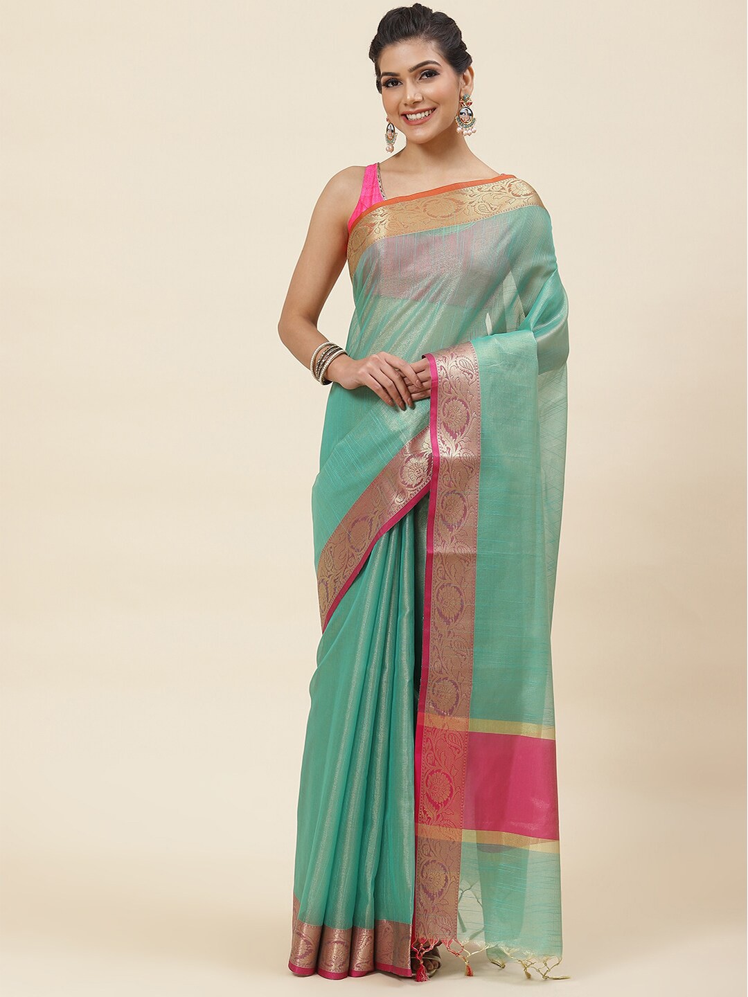 

Meena Bazaar Woven design Zari Pure Cotton Saree, Sea green