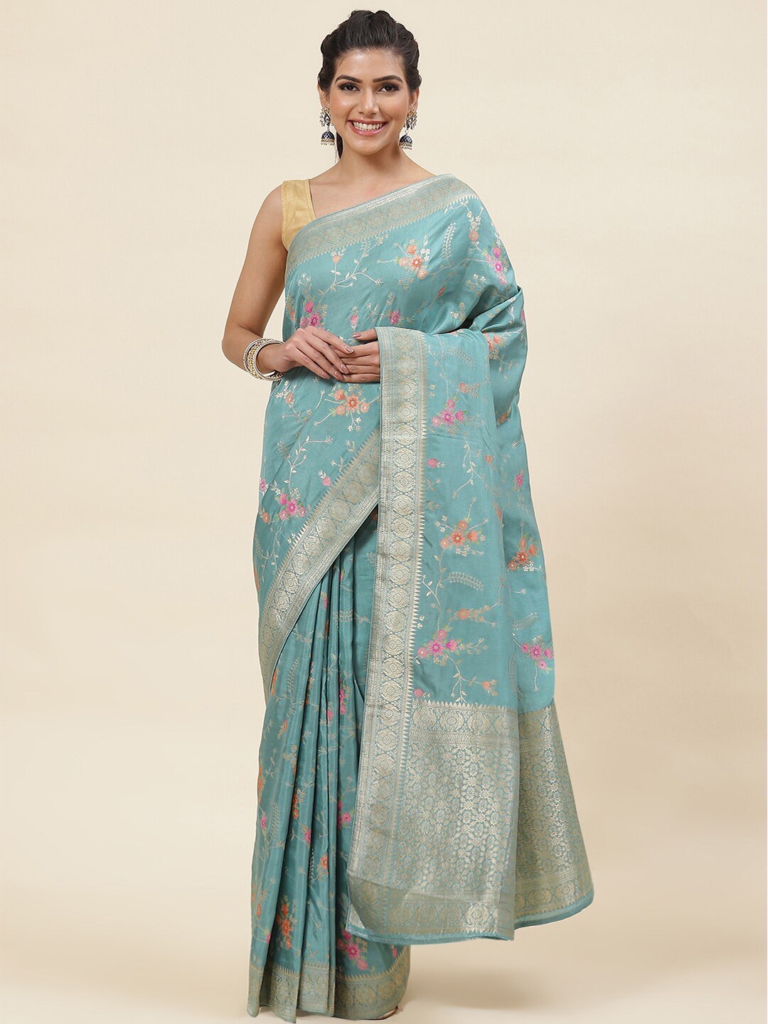 

Meena Bazaar Floral Woven Design Zari Saree, Sea green
