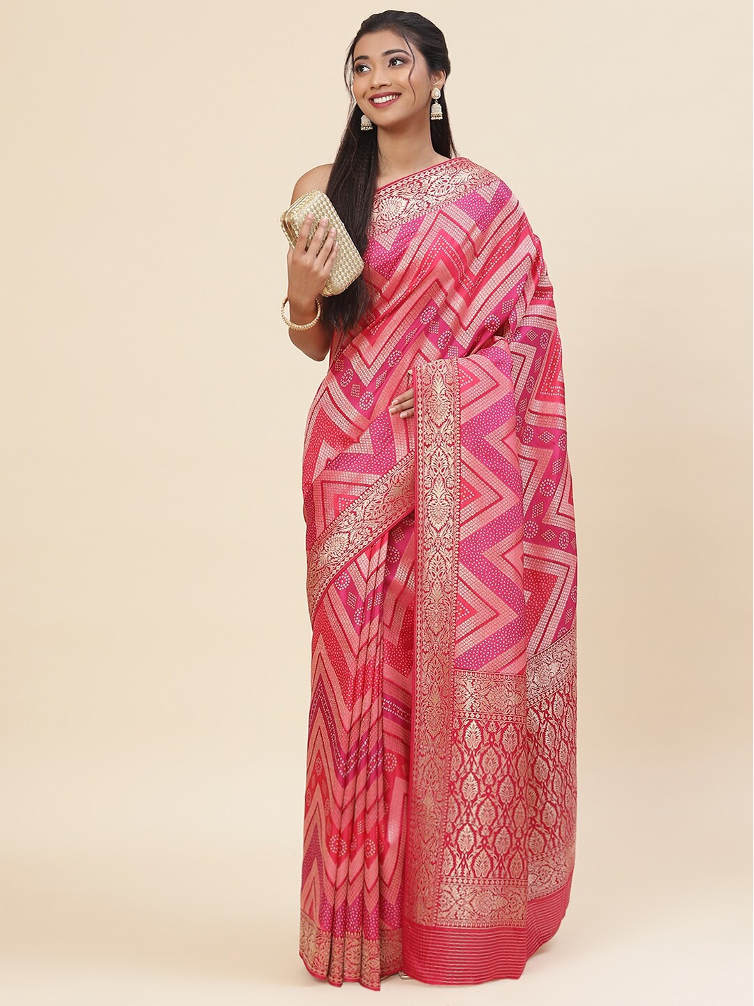 

Meena Bazaar Geometric Woven Design Zari Bandhani Saree, Pink