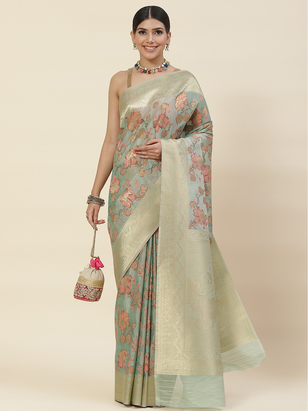 

Meena Bazaar Floral Woven Design Zari Organza Saree, Green
