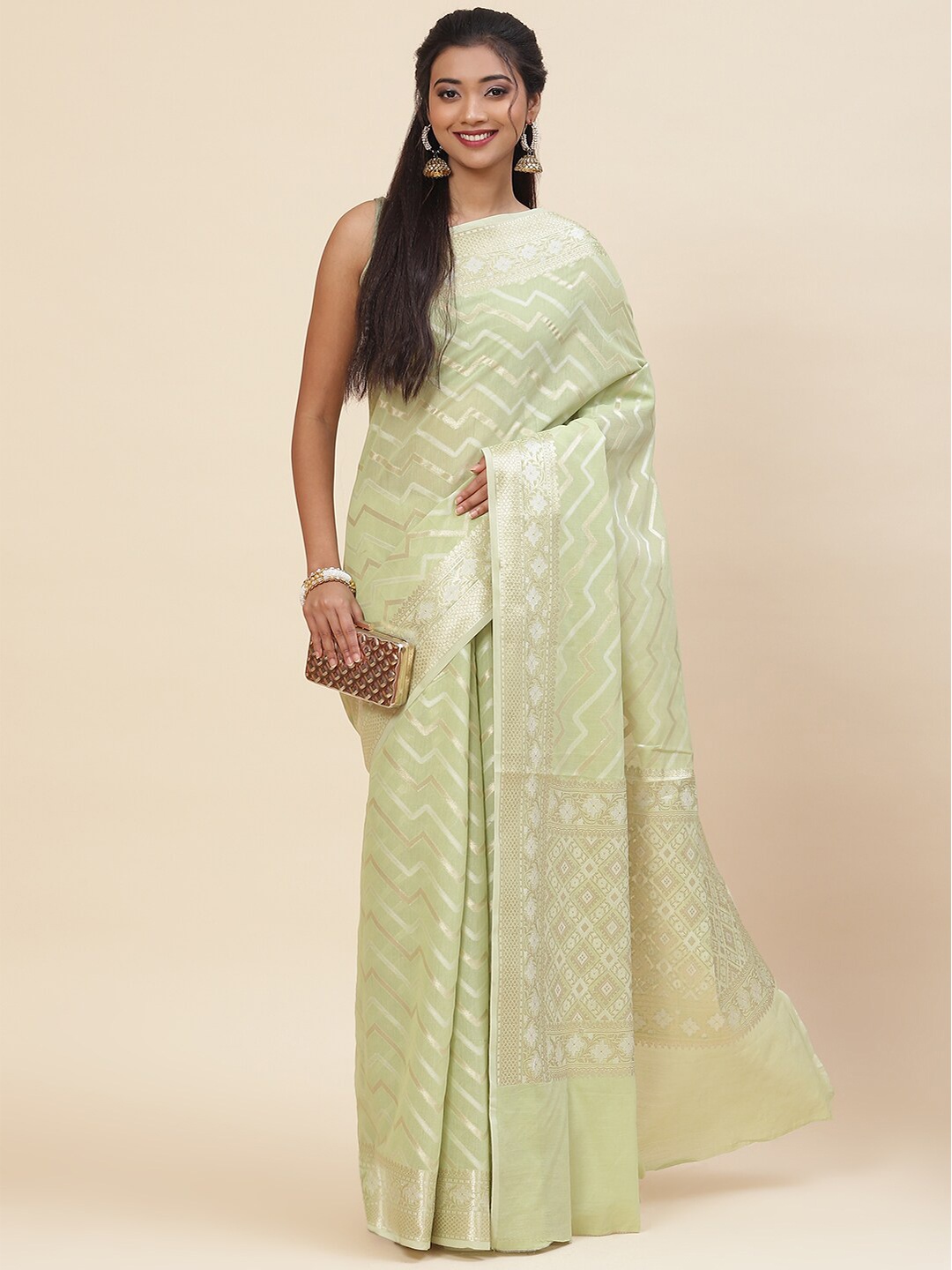 

Meena Bazaar Striped Woven Design Zari Pure Cotton Saree, Green