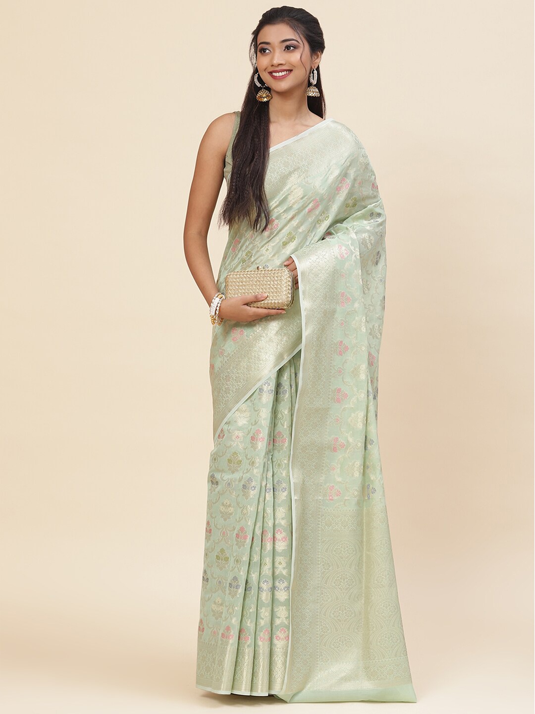

Meena Bazaar Floral Woven Design Zari Pure Cotton Saree, Green