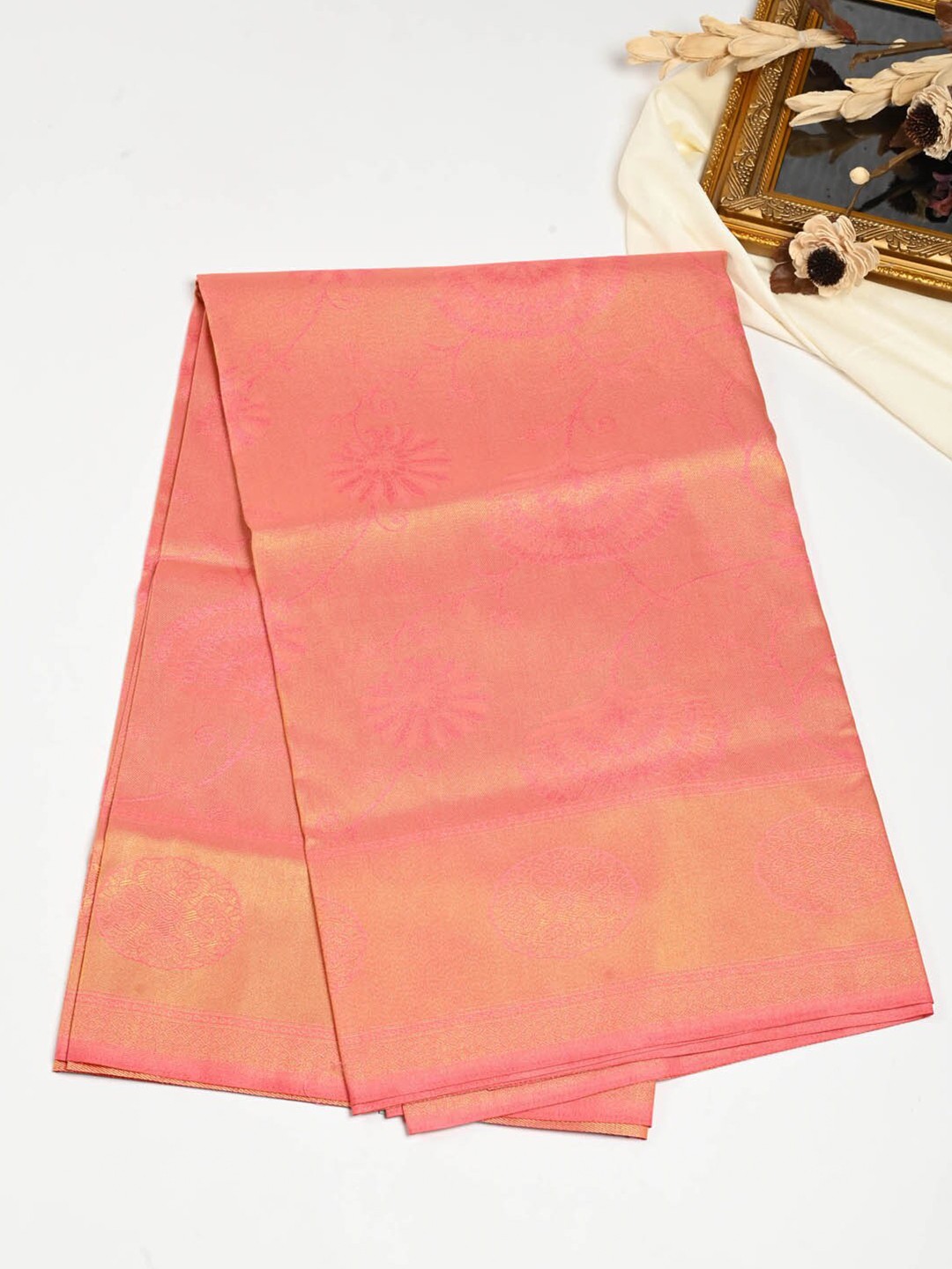 

Meena Bazaar Floral Woven Design Zari Saree, Peach