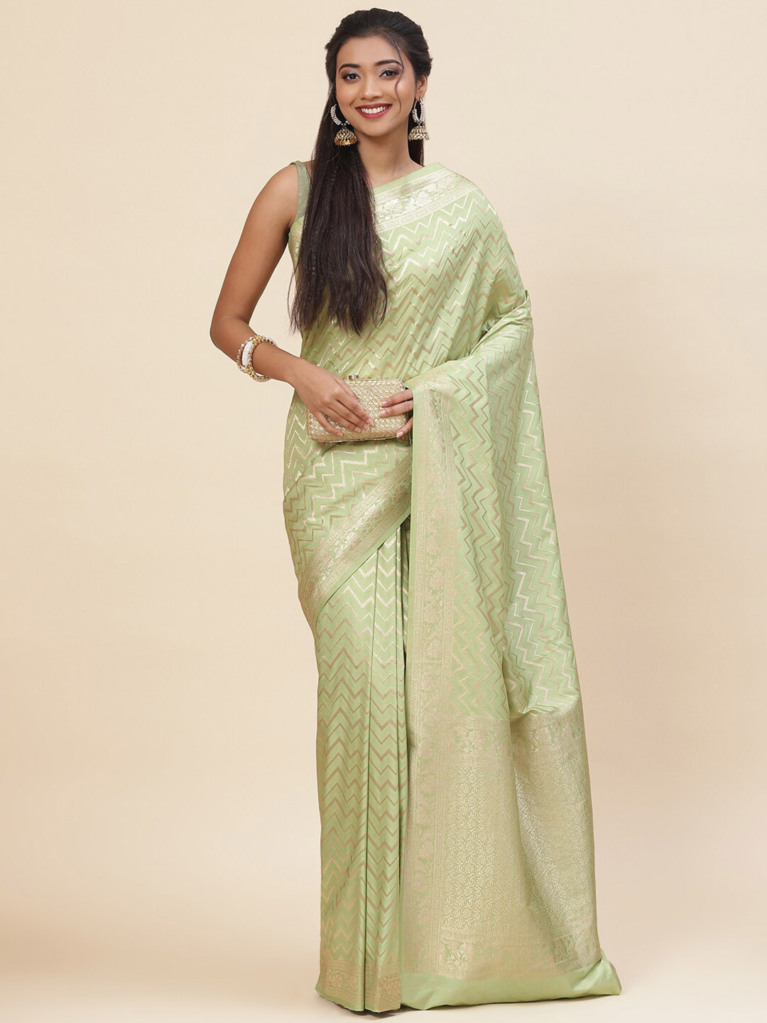 

Meena Bazaar Geometric Woven Design Zari Saree, Green