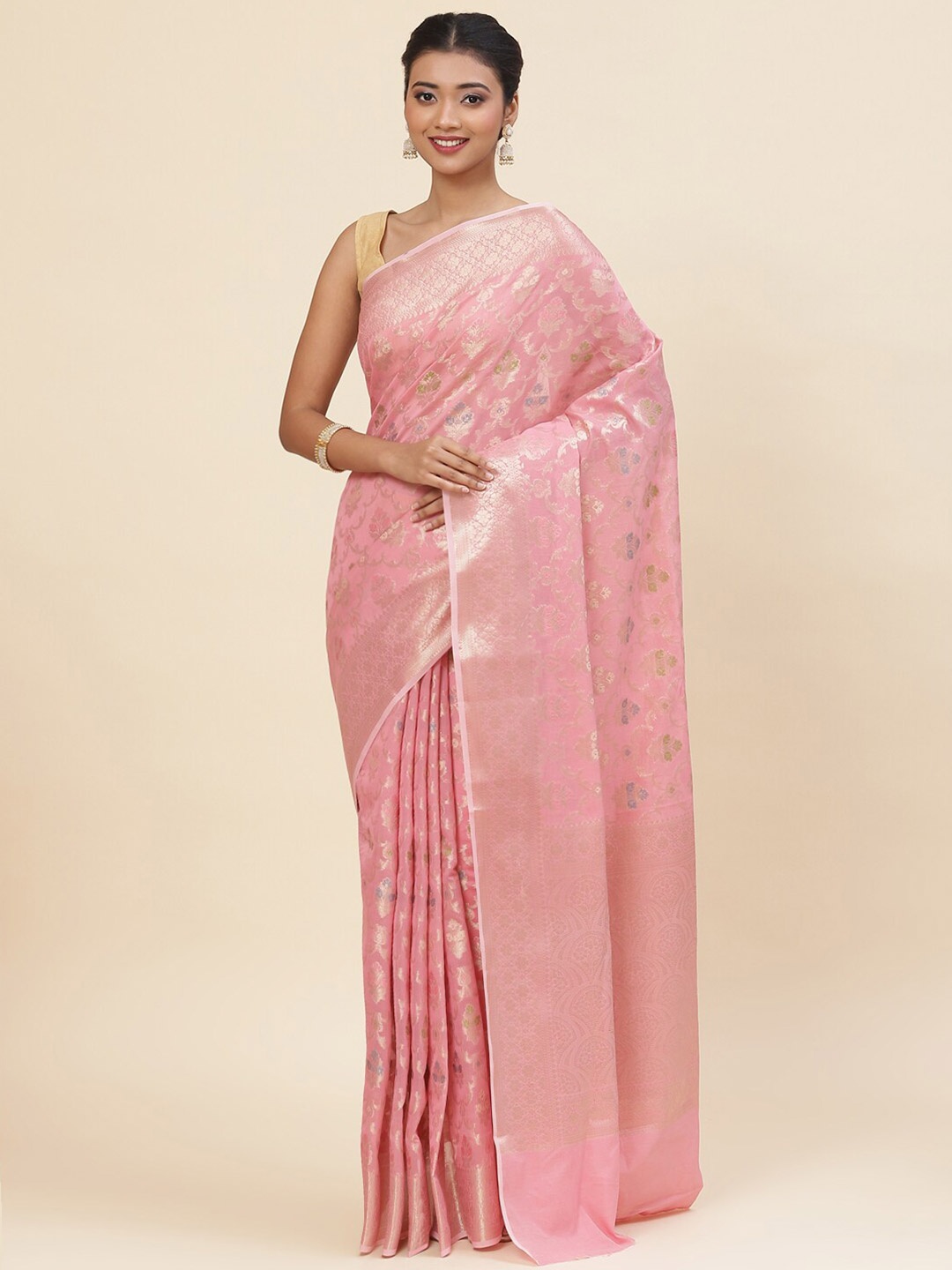 

Meena Bazaar Floral Woven Design Zari Pure Cotton Saree, Pink