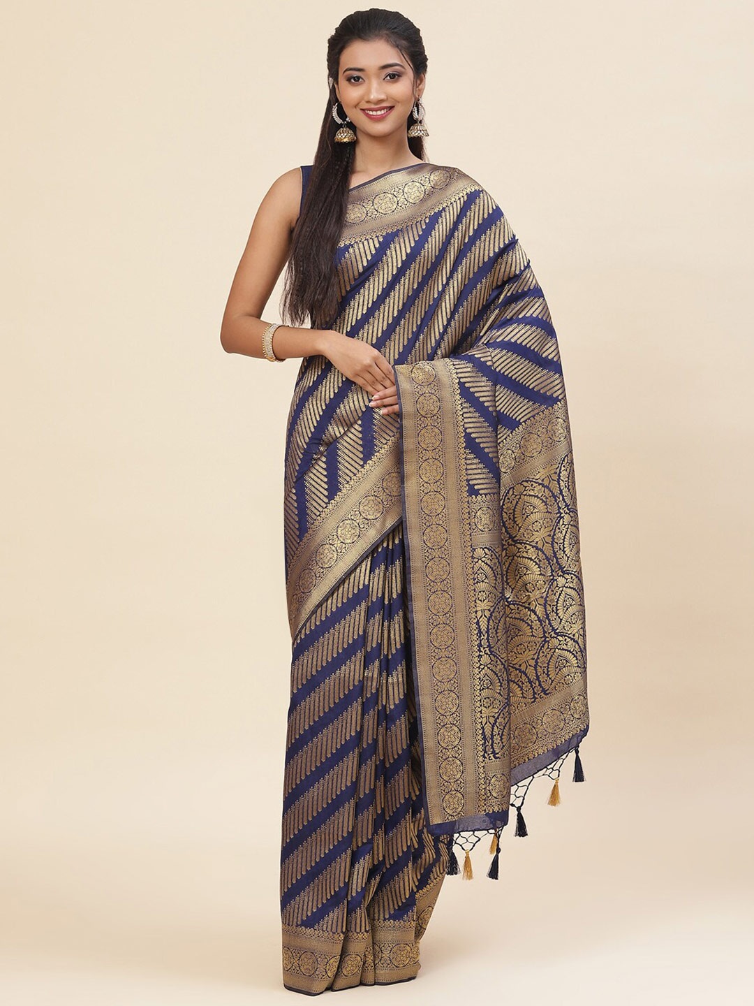 

Meena Bazaar Ethnic Motif Woven Design Zari Saree, Blue