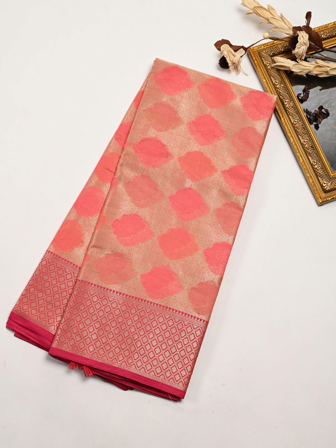 

Meena Bazaar Ethnic Motifs Woven Design Zari Pure Cotton Saree, Pink