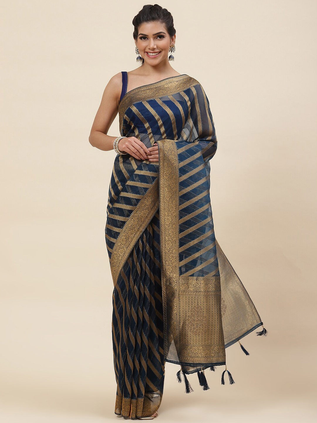

Meena Bazaar Striped Woven Design Zari Organza Saree, Teal